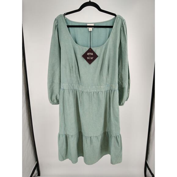 Ava‎ & Viv A-Line Dress 2X Balloon 3/4 Sleeve Tiered Cotton Tie Back Teal NWT - Picture 2 of 14